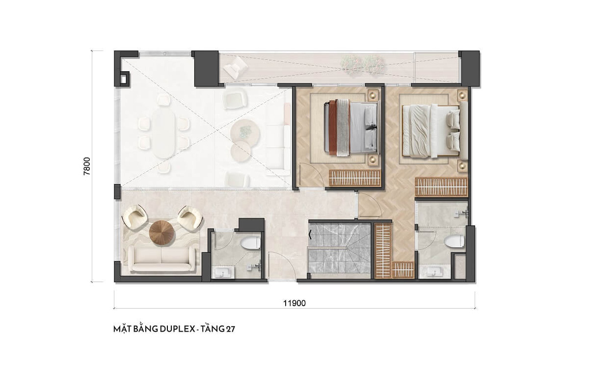 Mặt bằng thiết kế căn hộ Duplex Simona Heights tầng 27