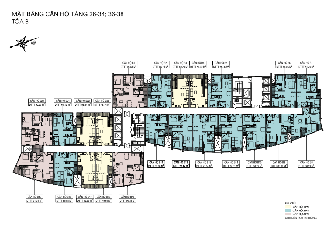 Mặt bằng tầng 26 – 34 và 36 – 38 Tháp B – The Sailing Quy Nhơn