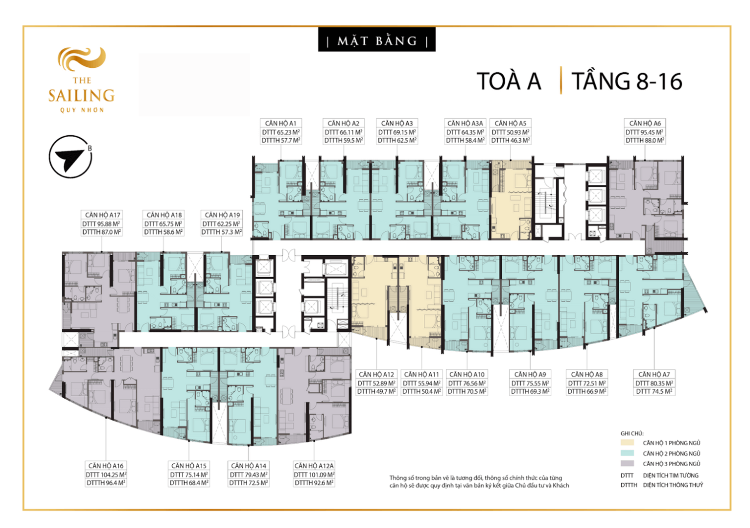 Mặt bằng tầng 8 – 16 Tháp A The Sailing Quy Nhơn