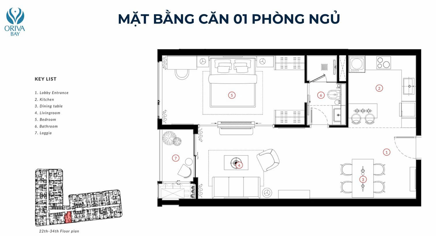 Thiết kế căn hộ 1 phòng ngủ Oriva Bay Quy Nhơn
