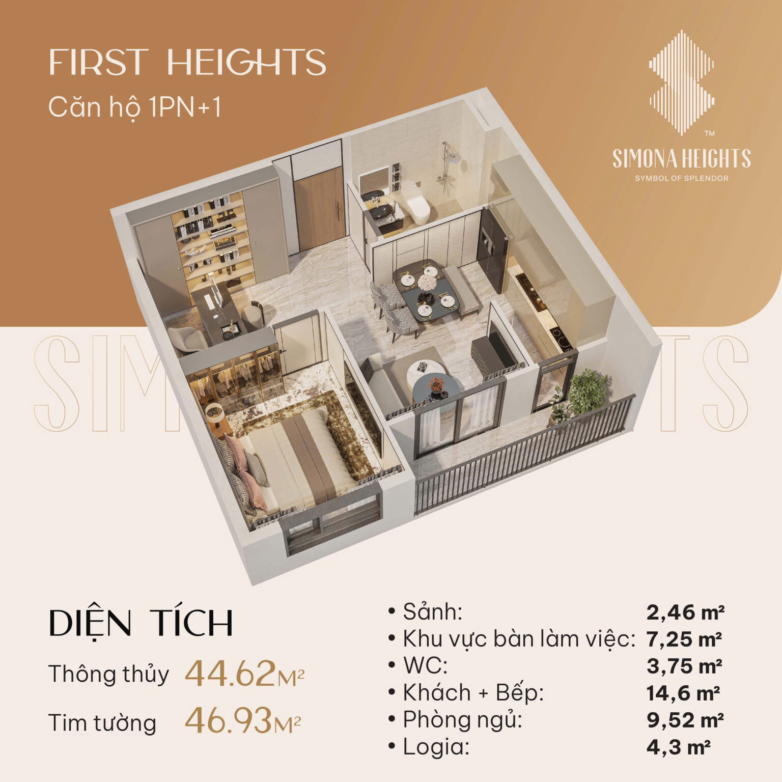 Thiết kế căn hộ 1 phòng ngủ Simona Heights Quy Nhơn