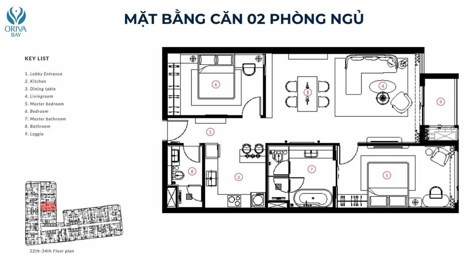 Thiết kế căn hộ 2 phòng ngủ Oriva Bay Quy Nhơn