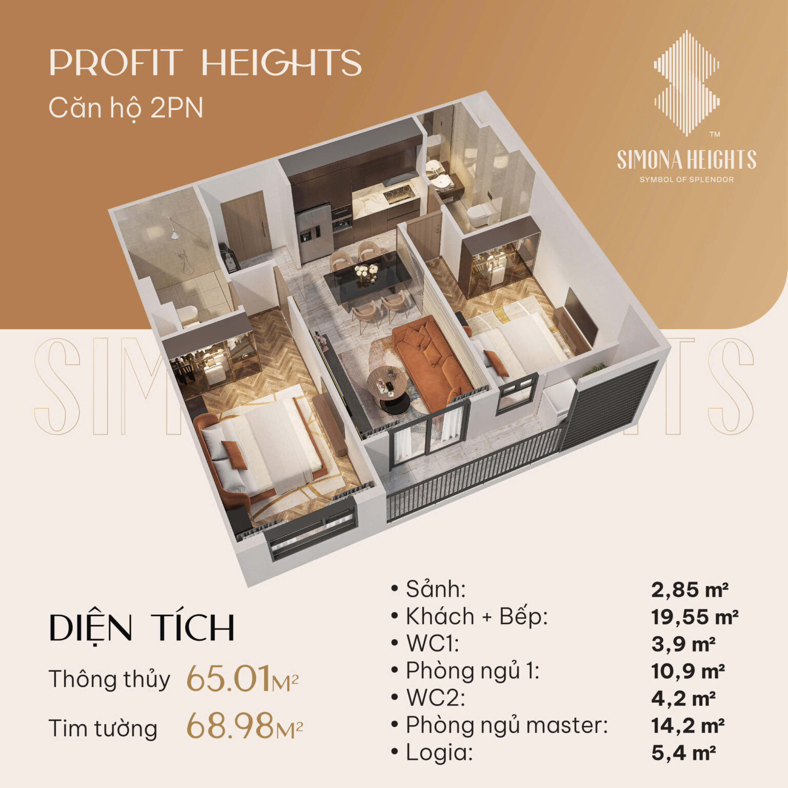 Thiết kế căn hộ 2 phòng ngủ Simona Heights Quy Nhơn