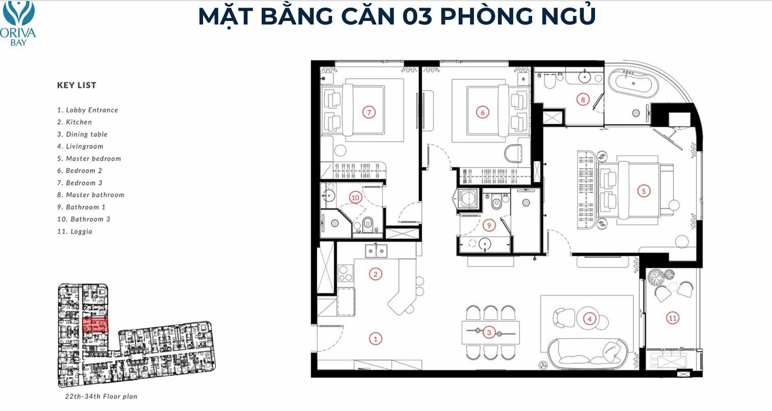 Thiết kế căn hộ 3 phòng ngủ Oriva Bay Quy Nhơn