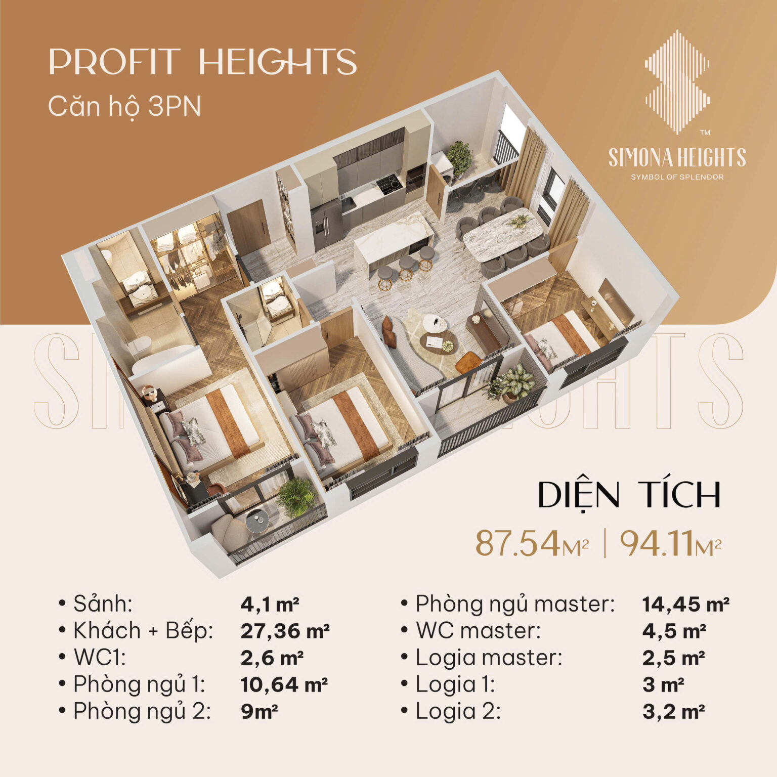 Thiết kế căn hộ 3 phòng ngủ Simona Heights Quy Nhơn